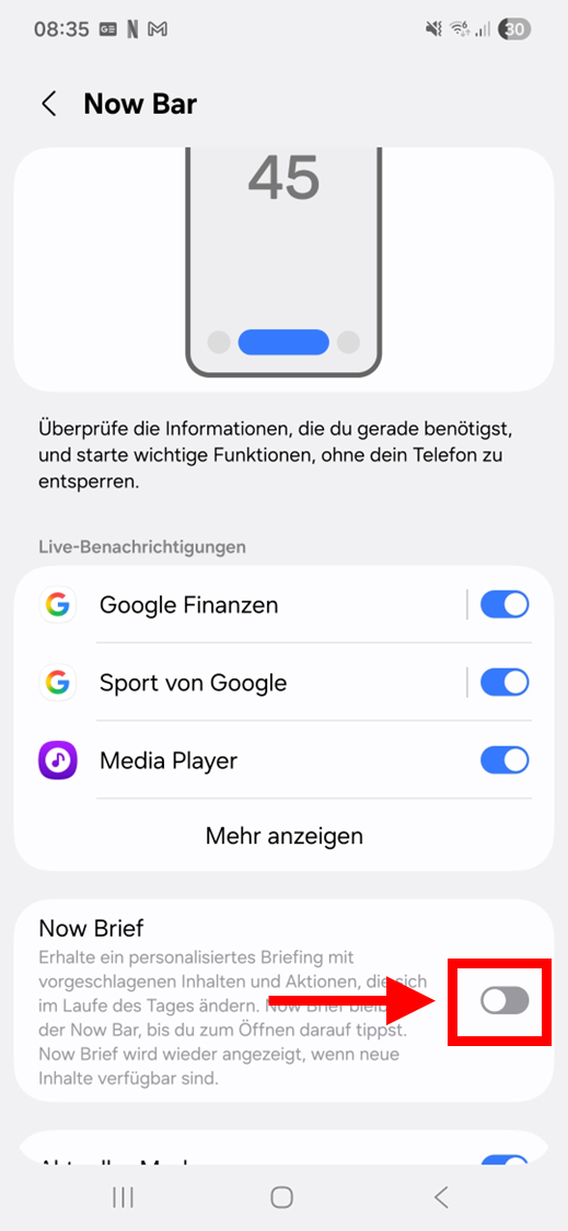 Now Brief auf Samsung Sperrbildschirm deaktivieren