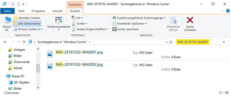 Windows Dateisuche mit Platzhalter