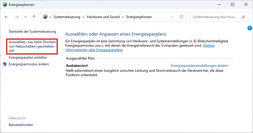 Auswählen, was beim Drücken von Netzschaltern geschehen soll Netzschaltern