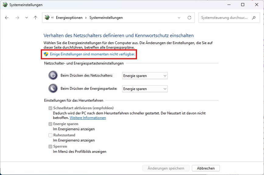 Einige Einstellungen sind momentan nicht verfügbar Netzschaltern
