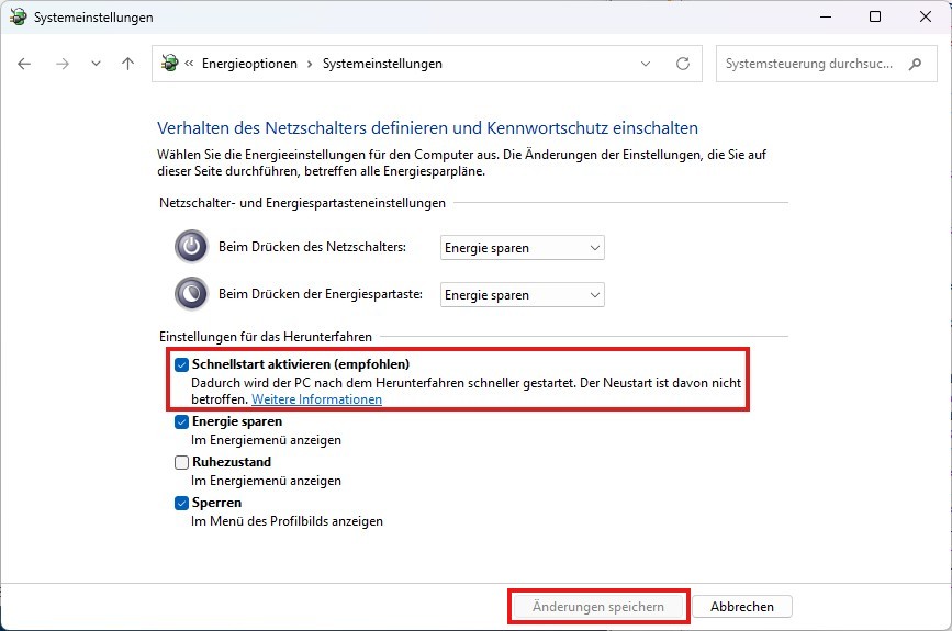 Schnellstart aktivieren Schnellstart
